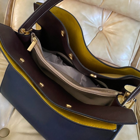 LARGE Tory Burch Lee Radziwill Double Bag Leather Suede Navy Yellow NO STRAP! - Picture 4 of 16